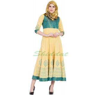 Anarkali dress - Yellow with Firozi brocked